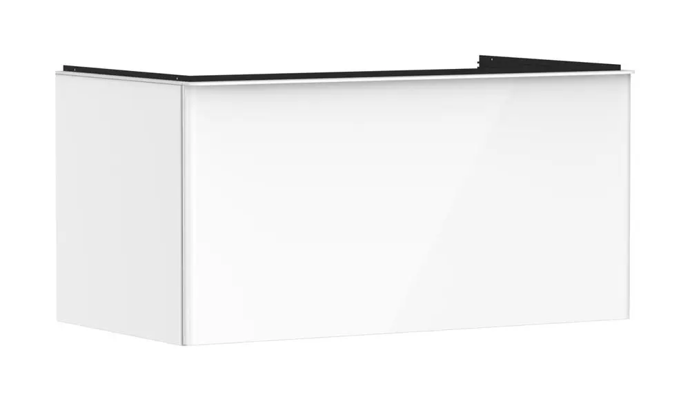 Weißer Waschtischunterschrank von Hansgrohe mit massivem Korpus und einem Schubkasten, geeignet für einen Aufsatzwaschtisch. Minimalistisches Design ohne sichtbar bedruckte Informationen.